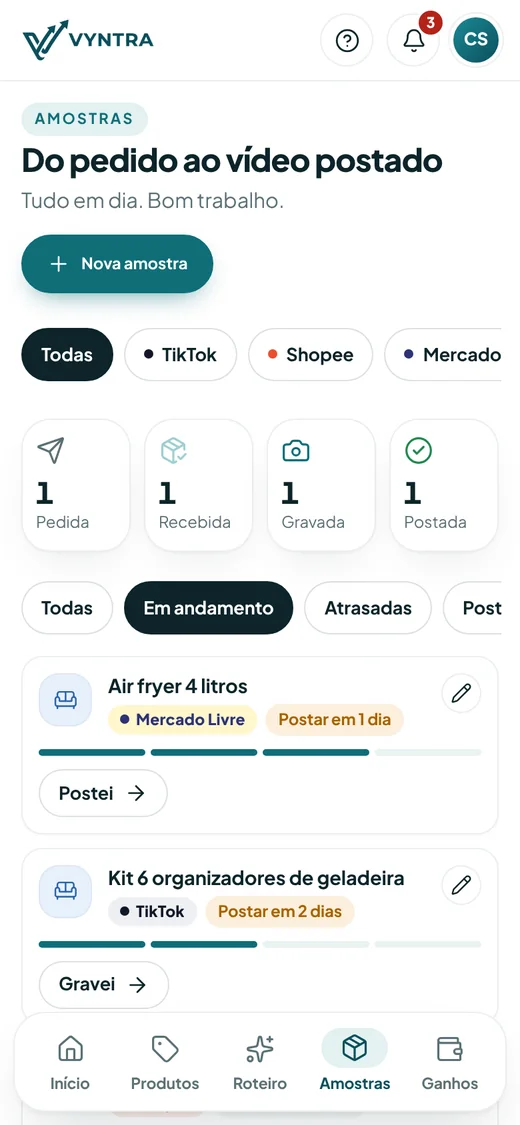 Tela de amostras da Vyntra no celular, do pedido ao vídeo postado, com dados de exemplo
