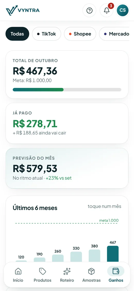Tela de ganhos no celular, com filtro por plataforma e total do mês